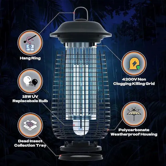Alt view image 5 of 6 - Bug Zapper Indoor & Outdoor, 4200V Electric Mosquito Zapper, 10 Years Lifespan, 6.5ft Power Cord, Waterproof, Fly Trap Mosquito Trap, Fly Killer Fly Zapper for Home, Patio, Kitchen, Backyard, Camping