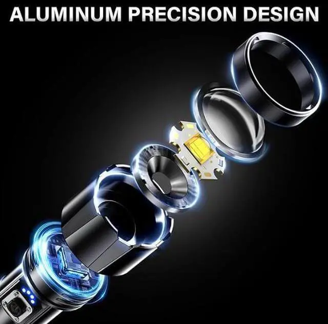 Alt view image 2 of 6 - Rechargeable LED Flashlight High Lumens, Super Bright Flashlights with Zoomable & USB C Rechargeable & 5 Light Mode & IPX7 Waterproof, Powerful Flash Light for Home, Hiking, Camping