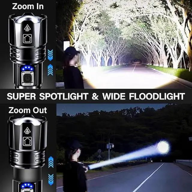 Alt view image 4 of 6 - Rechargeable LED Flashlight High Lumens, Super Bright Flashlights with Zoomable & USB C Rechargeable & 5 Light Mode & IPX7 Waterproof, Powerful Flash Light for Home, Hiking, Camping