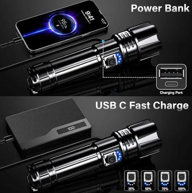 Alt view image 5 of 6 - Rechargeable LED Flashlight High Lumens, Super Bright Flashlights with Zoomable & USB C Rechargeable & 5 Light Mode & IPX7 Waterproof, Powerful Flash Light for Home, Hiking, Camping