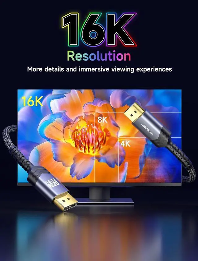 Alt view image 7 of 7 - 10ft DisplayPort Cable 2.1 for 5090,7900 Graphics/Gaming Monitor | 16K Resolution, 240Hz Refresh Rate, 80Gbps BandWidth, Support MST, Braided Cable, Dynamic HDR