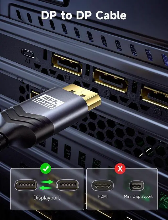 Alt view image 6 of 7 - 10ft DisplayPort Cable 2.1 for 5090,7900 Graphics/Gaming Monitor | 16K Resolution, 240Hz Refresh Rate, 80Gbps BandWidth, Support MST, Braided Cable, Dynamic HDR