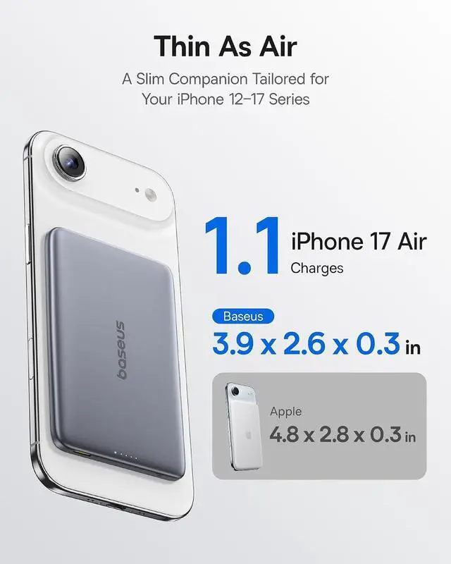 Alt view image 3 of 7 - Picogo Power Bank, 0.3" Ultra Slim 5000mAh MagSafe Portable Charger, Card-Size Magnetic Battery Pack with USB-C Braided Cable, Alloy Wireless Charger for iPhone 17 Pro Max/17 Air/16/15/14/13/12