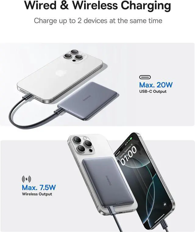 Alt view image 4 of 7 - Picogo Power Bank, 0.3" Ultra Slim 5000mAh MagSafe Portable Charger, Card-Size Magnetic Battery Pack with USB-C Braided Cable, Alloy Wireless Charger for iPhone 17 Pro Max/17 Air/16/15/14/13/12