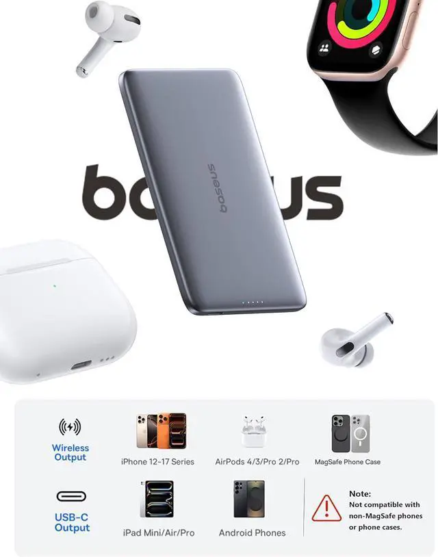 Alt view image 5 of 7 - Picogo Power Bank, 0.3" Ultra Slim 5000mAh MagSafe Portable Charger, Card-Size Magnetic Battery Pack with USB-C Braided Cable, Alloy Wireless Charger for iPhone 17 Pro Max/17 Air/16/15/14/13/12