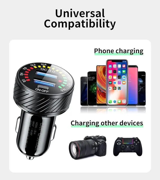 Alt view image 3 of 6 - Car Charger, 36W Fast Car Charger Adapter | Dual USB Car Fast Charge with Colorful Voltmeter & ON/Off Switch