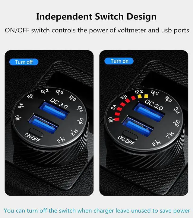 Alt view image 6 of 6 - Car Charger, 36W Fast Car Charger Adapter | Dual USB Car Fast Charge with Colorful Voltmeter & ON/Off Switch