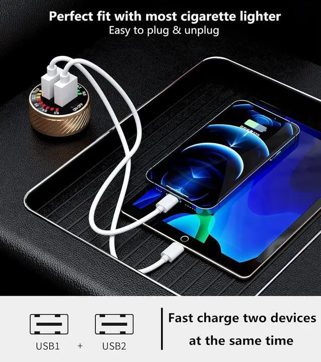 Alt view image 2 of 6 - Car Charger, 36W Fast Car Charger Adapter | Dual USB Car Fast Charge with Colorful Voltmeter & ON/Off Switch