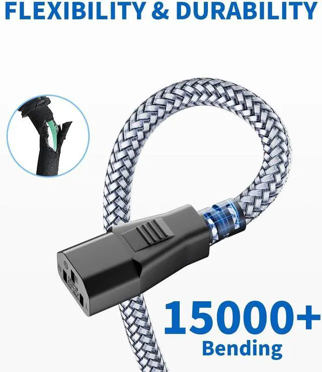 Alt view image 7 of 7 - Power Cord - 3 Pin Power Cord Braided,10FT/3m AC Replacement Power Cable 3 Prong,Universal Power Cord for Monitor, PS3, Xbox-360, TV, Computer, Printer,PC and More(10A,110V-250V,18AWG)