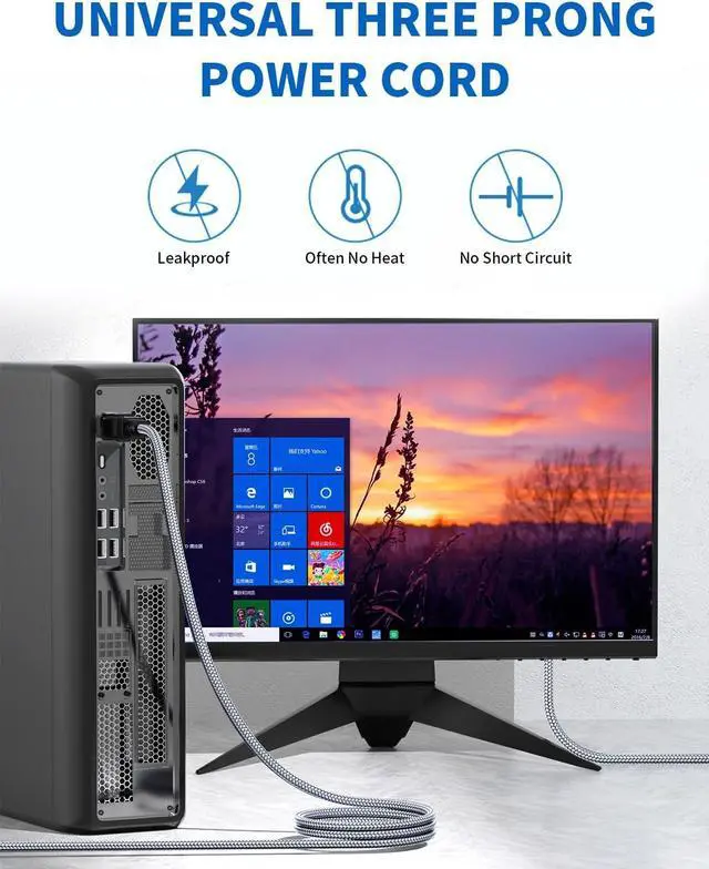 Alt view image 4 of 7 - Power Cord - 3 Pin Power Cord Braided,10FT/3m AC Replacement Power Cable 3 Prong,Universal Power Cord for Monitor, PS3, Xbox-360, TV, Computer, Printer,PC and More(10A,110V-250V,18AWG)