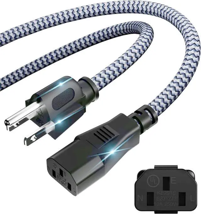 Main image of Power Cord - 3 Pin Power Cord Braided,10FT/3m AC Replacement Power Cable 3 Prong,Universal Power Cord for Monitor, PS3, Xbox-360, TV, Computer, Printer,PC and More(10A,110V-250V,18AWG)