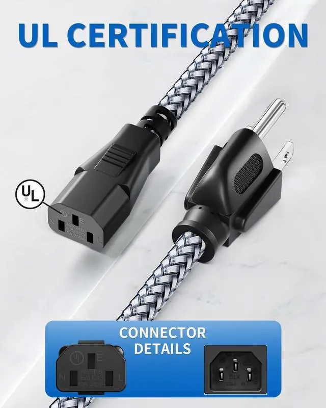 Alt view image 2 of 7 - Power Cord - 3 Pin Power Cord Braided,10FT/3m AC Replacement Power Cable 3 Prong,Universal Power Cord for Monitor, PS3, Xbox-360, TV, Computer, Printer,PC and More(10A,110V-250V,18AWG)
