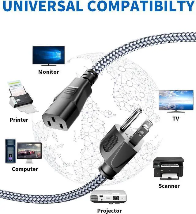 Alt view image 6 of 7 - Power Cord - 3 Pin Power Cord Braided,10FT/3m AC Replacement Power Cable 3 Prong,Universal Power Cord for Monitor, PS3, Xbox-360, TV, Computer, Printer,PC and More(10A,110V-250V,18AWG)