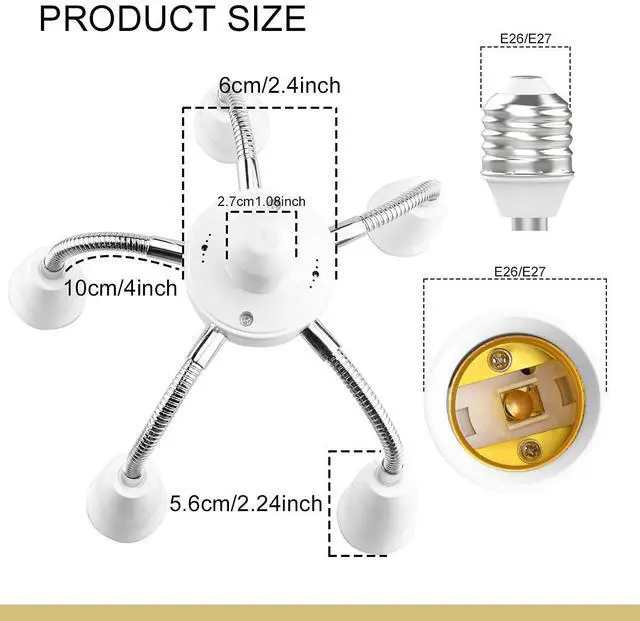 Alt view image 5 of 6 - 6 in 1 E26 E27 Light Socket Splitter, 360 Degree Adjustable Adapter | adjustable socket arms rotate 360 degrees for standard E26 and E27 LED bulbs, ideal for garages, studios and workshops