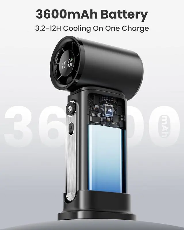 Alt view image 3 of 7 - 19000 RPM High Speed Portable Handheld Fan,100 Speeds Mini Turbo Fan, 3600mAh, 12H Max Cooling Time, Digital Display, 5" Height, Rechargeable Hand Fan for Outdoor Indoor Black