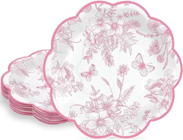 Main image of 30 Pcs Pink Floral Paper Plates, 7 inch Tea Party Plates | Vintage Flower Toile