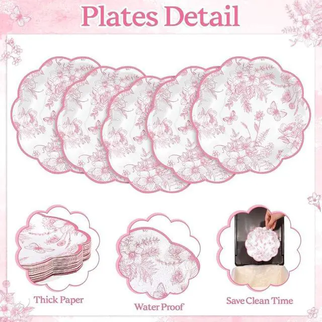 Alt view image 4 of 4 - 30 Pcs Pink Floral Paper Plates, 7 inch Tea Party Plates | Vintage Flower Toile