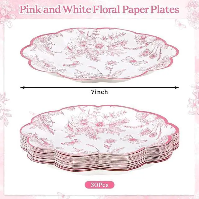 Alt view image 2 of 4 - 30 Pcs Pink Floral Paper Plates, 7 inch Tea Party Plates | Vintage Flower Toile