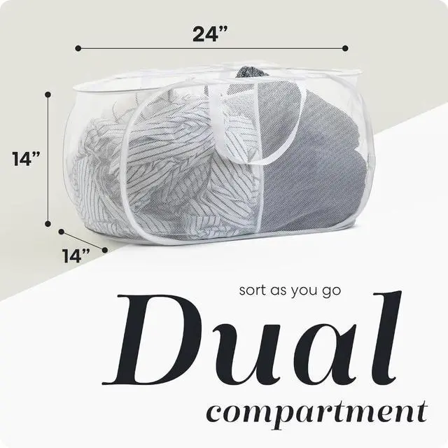 Alt view image 2 of 4 - Collapsible Laundry Basket, 2-Compartment Mesh Hamper Foldable,