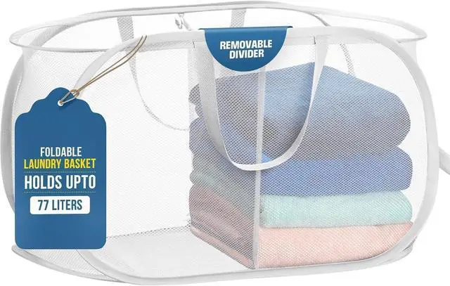 Main image of Collapsible Laundry Basket, 2-Compartment Mesh Hamper Foldable,
