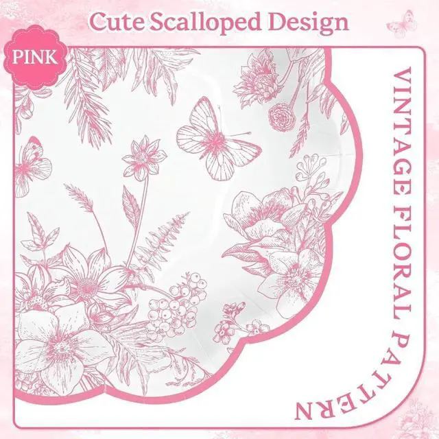 Alt view image 3 of 4 - 30 Pcs Pink Floral Paper Plates, 7 inch Tea Party Plates | Vintage Flower Toile