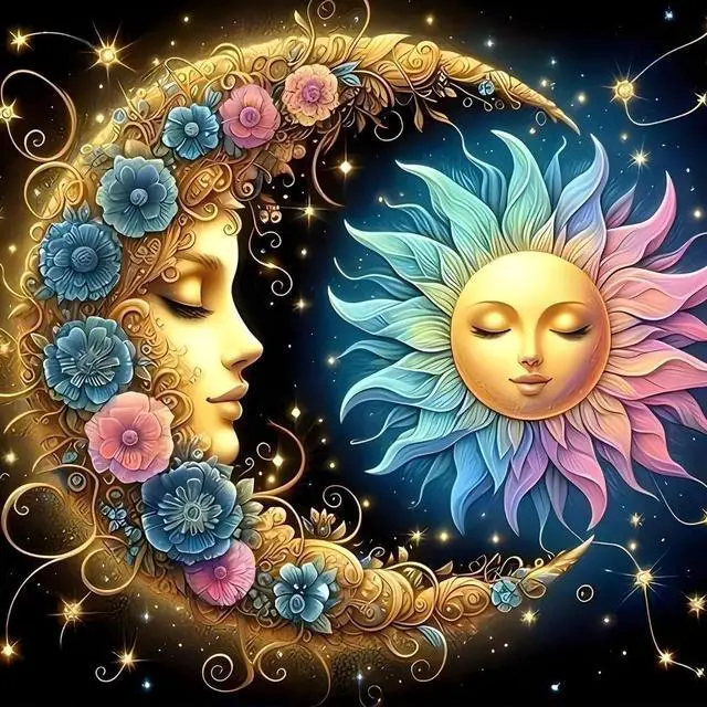 Main image of DIY 5D Sun and Moon Diamond Art Kits, Colourful Flowers Round Full Drill