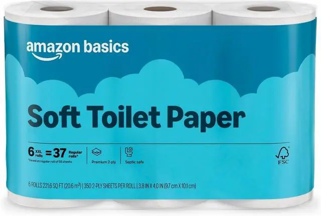 Main image of 2-Ply Soft Toilet Paper, 6 Rolls, 350 Sheets per Roll, Equivalent to 37 Regular