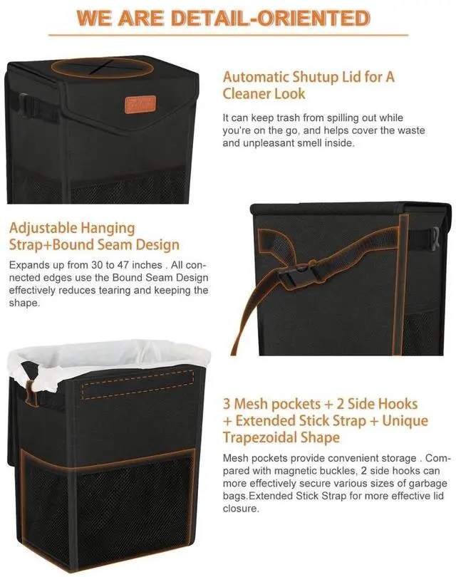 Alt view image 4 of 4 - Car Trash Can with Lid Leakproof Car Garbage Bag Vehicle Trash Bin | Hanging