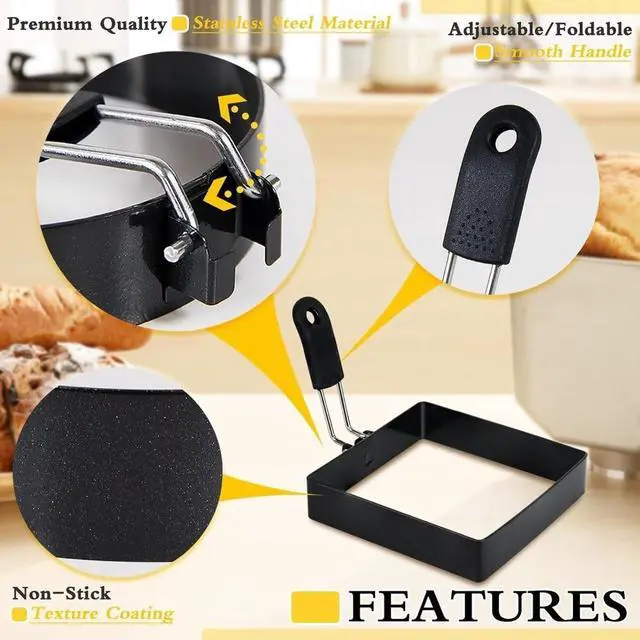Alt view image 3 of 4 - 2-Pack 4'' Square Egg Rings Set with Silicone Handle, Stainless Steel Egg