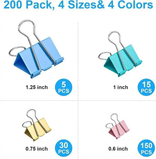 Alt view image 2 of 4 - 200 Count Colored Binder Clips Assorted Sizes, 4 Sizes Large, Medium, Small,