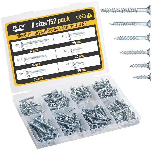 Main image of - Wood Screws Assortment Kit, 152 pcs, Silver, Flat Head | 6 Sizes