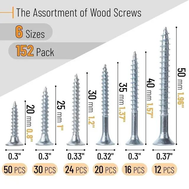 Alt view image 2 of 4 - - Wood Screws Assortment Kit, 152 pcs, Silver, Flat Head | 6 Sizes