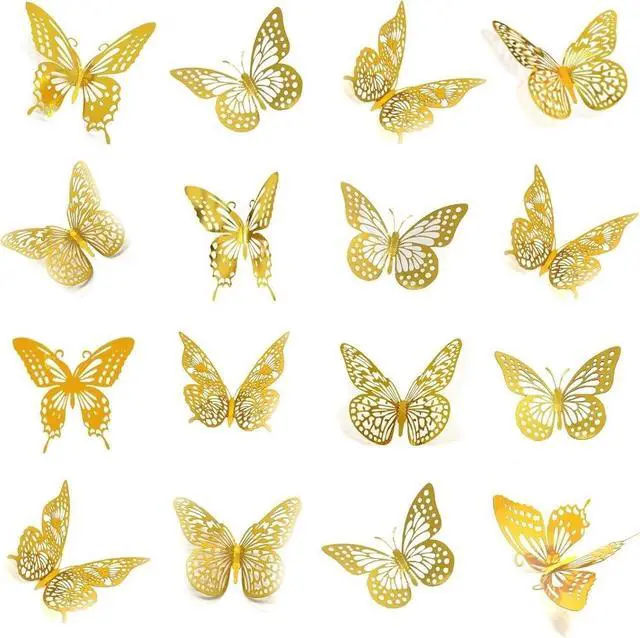 Main image of 3D Butterfly Wall Decor 48Pcs Gold Removable Stickers Party | Gold metallic, 4