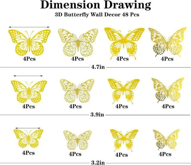 Alt view image 2 of 4 - 3D Butterfly Wall Decor 48Pcs Gold Removable Stickers Party | Gold metallic, 4