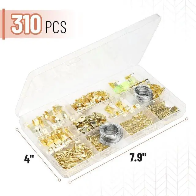Alt view image 2 of 4 - - Picture Hanging Kit, 310 pcs, Gold, Assorted Hooks | Includes Nails, Sawtooth