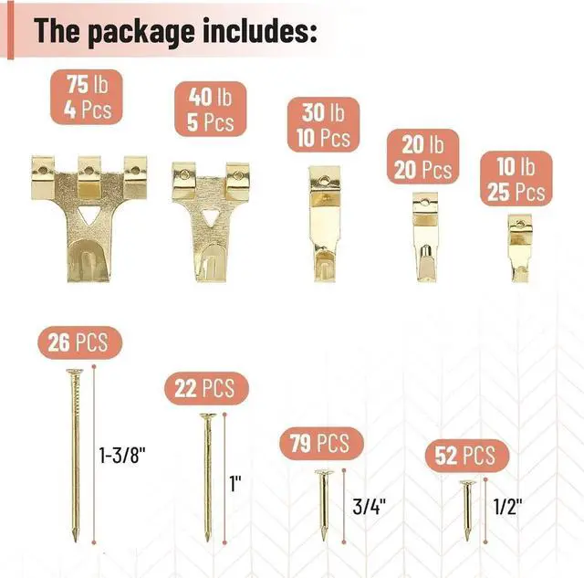 Alt view image 3 of 4 - - Picture Hanging Kit, 310 pcs, Gold, Assorted Hooks | Includes Nails, Sawtooth