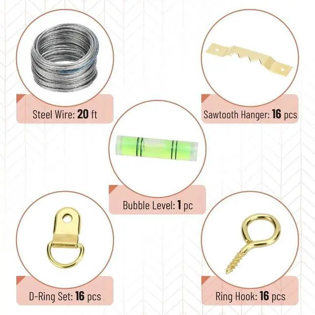 Alt view image 4 of 4 - - Picture Hanging Kit, 310 pcs, Gold, Assorted Hooks | Includes Nails, Sawtooth