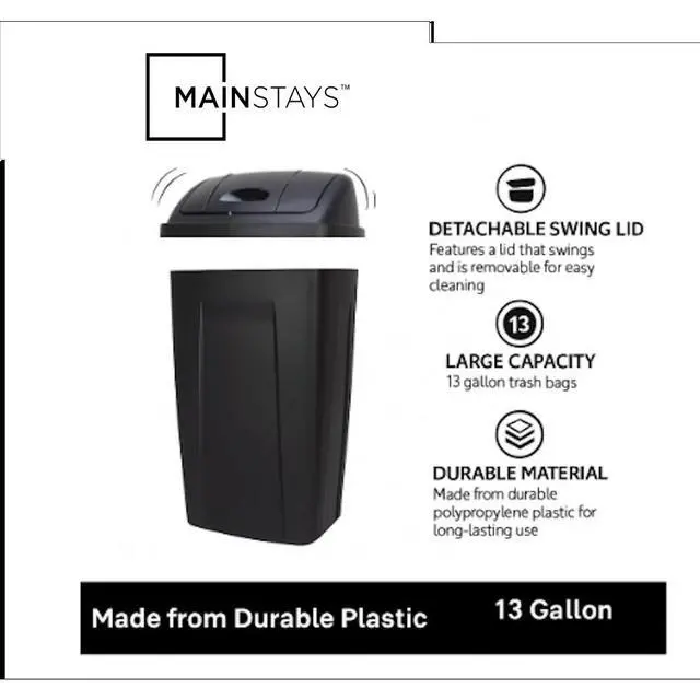 Alt view image 2 of 4 - 13 Gallon Kitchen Trash Can with Swing Lid, Black Plastic Garbage Bin