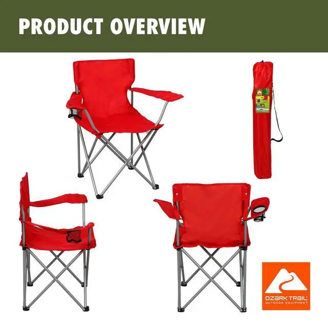 Alt view image 7 of 7 - Bright Red Quad Folding Camping Chair With Mesh Cup Holder 600D PECoated Polyester Outdoor Portable Seat