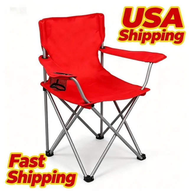 Main image of Bright Red Quad Folding Camping Chair With Mesh Cup Holder 600D PECoated Polyester Outdoor Portable Seat