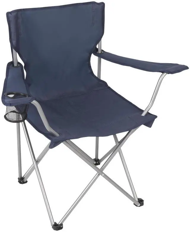 Alt view image 4 of 7 - Dark Blue Quad Folding Camping Chair With Mesh Cup Holder PowderCoated Steel Frame 250lbs Load Outdoor Seat