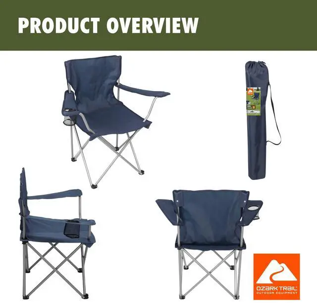Alt view image 5 of 7 - Dark Blue Quad Folding Camping Chair With Mesh Cup Holder PowderCoated Steel Frame 250lbs Load Outdoor Seat