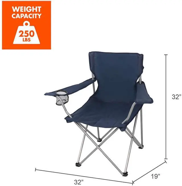 Alt view image 2 of 7 - Dark Blue Quad Folding Camping Chair With Mesh Cup Holder PowderCoated Steel Frame 250lbs Load Outdoor Seat