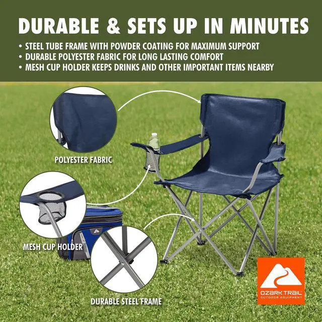 Alt view image 3 of 7 - Dark Blue Quad Folding Camping Chair With Mesh Cup Holder PowderCoated Steel Frame 250lbs Load Outdoor Seat