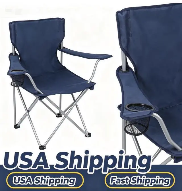 Main image of Dark Blue Quad Folding Camping Chair With Mesh Cup Holder PowderCoated Steel Frame 250lbs Load Outdoor Seat