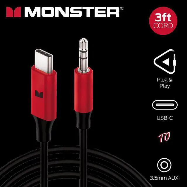 Alt view image 6 of 7 - Monster 3ft USB-C to 3.5mm AUX Cable Automotive/Portable Use 3 Foot Cable