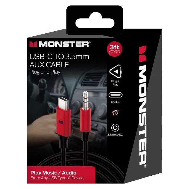 Alt view image 2 of 7 - Monster 3ft USB-C to 3.5mm AUX Cable Automotive/Portable Use 3 Foot Cable