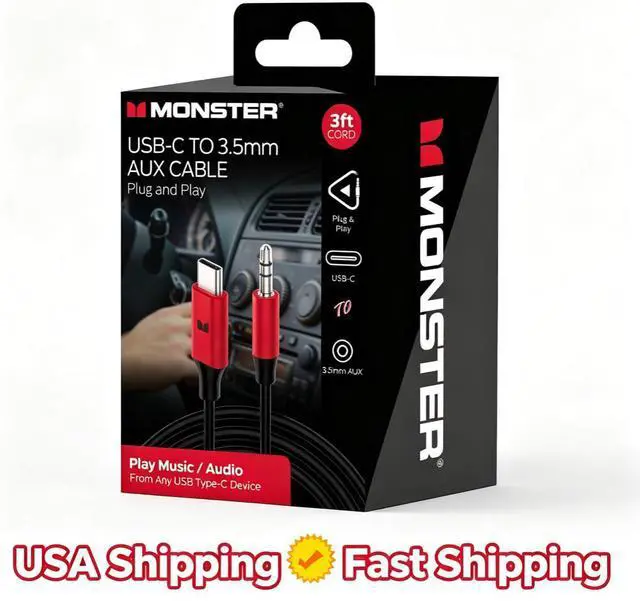 Main image of Monster 3ft USB-C to 3.5mm AUX Cable Automotive/Portable Use 3 Foot Cable