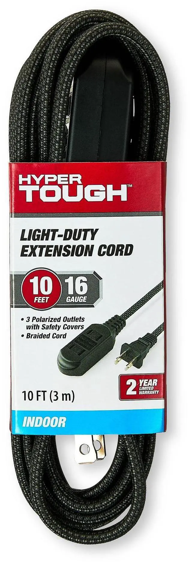 Alt view image 3 of 6 - Hyper Tough Indoor Extension Cord 10 ft with 3 Outlets, 2 Prong, Braided Cord, Black