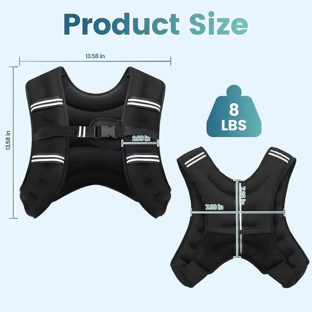 Alt view image 2 of 7 - Weighted Vest, 8lb/12lb/16lb/20lb/25lb/30lb Weight Vest with Two Adjustment Straps for Men Women, Weight Vests with Reflective Stripe for Strength Training, Running, Jogging, Walking